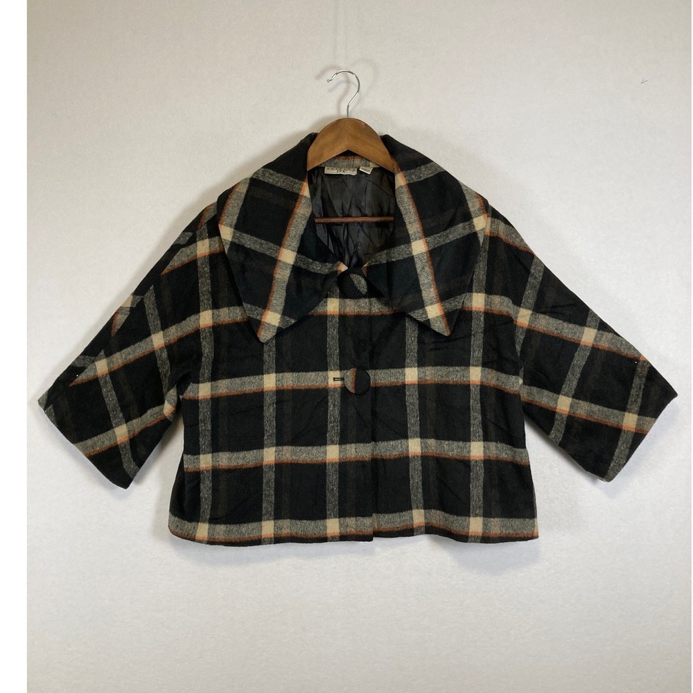 Dark Academia Uniform JPR Women L Grey Plaid Cropped Oversized‎ Collar Jacket